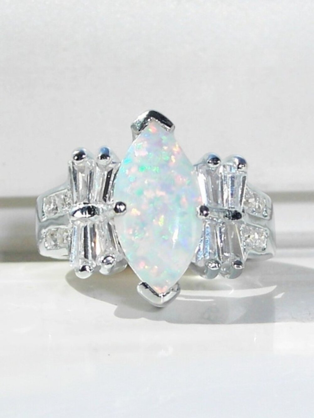 925 STERLING SILVER Marquise Lab Created White Fire Opal & CZ Ring